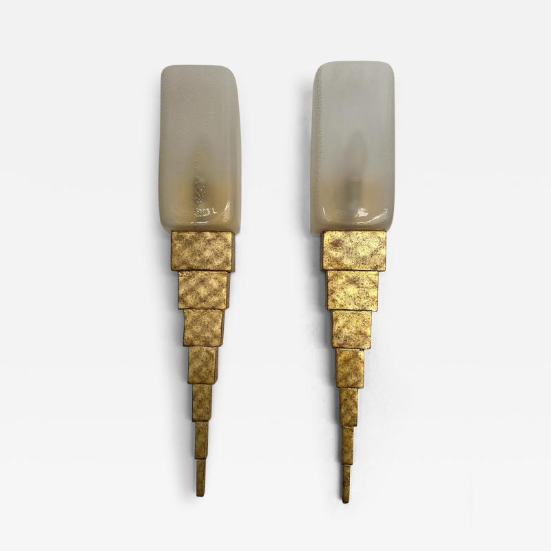 Sergio Terzani Pair of Gold Leaf Murano Glass and Gilt Wood Sconces by Terzani Italy 1990s