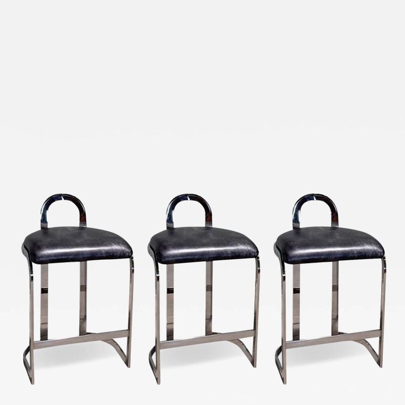 Set 3 Pierre Cardin Chrome and Leather Bar Counter Stools Italy 1970