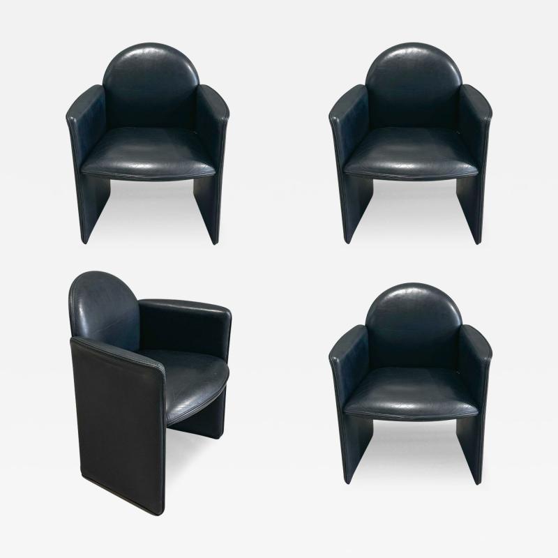 Set 4 Black Leather Italian Chairs Italy 1980