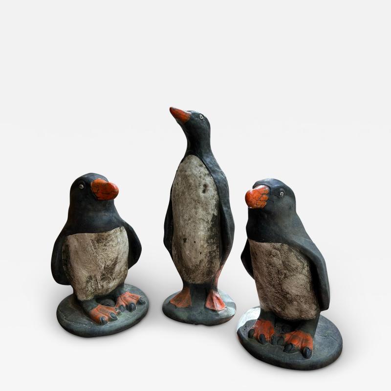 Set Of 3 French Cast Stone Penguin Garden Statues