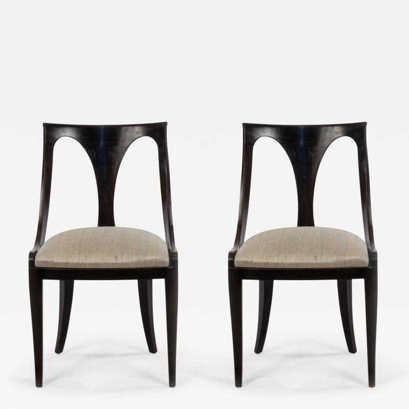 Set Of 4 Empire Style Black Lacquer And Blue Silk Dining Side Chairs