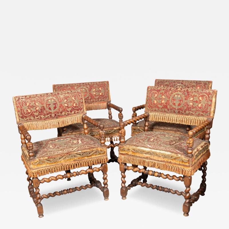 Set Of Four Flemish Baroque Walnut Armchairs