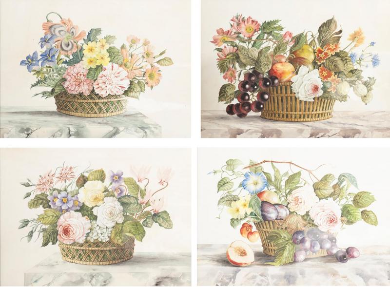 Set Of Four Framed Watercolor Still Lifes Of Flowers and Fruit In Baskets