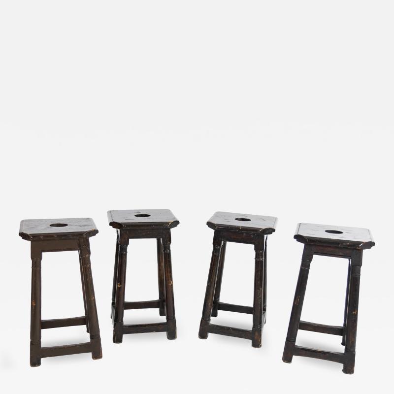 Set Of Four Rustic Oak Joinery Work Stools With Turned Legs English Circa 1880 