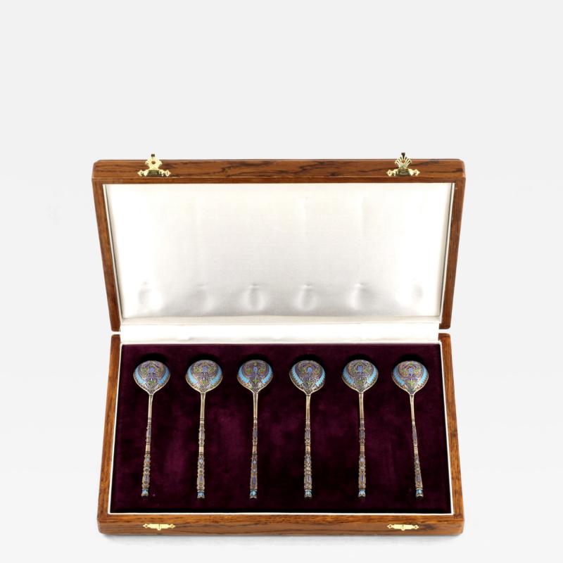 Set Of Six Cloisonne Enamel Silver Teaspoons In A Presentation Case 