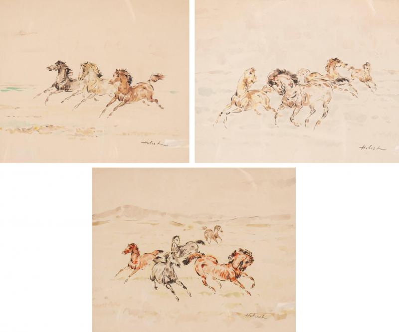 Set Of Three Framed Equestrian Watercolors By Denes De Holesch