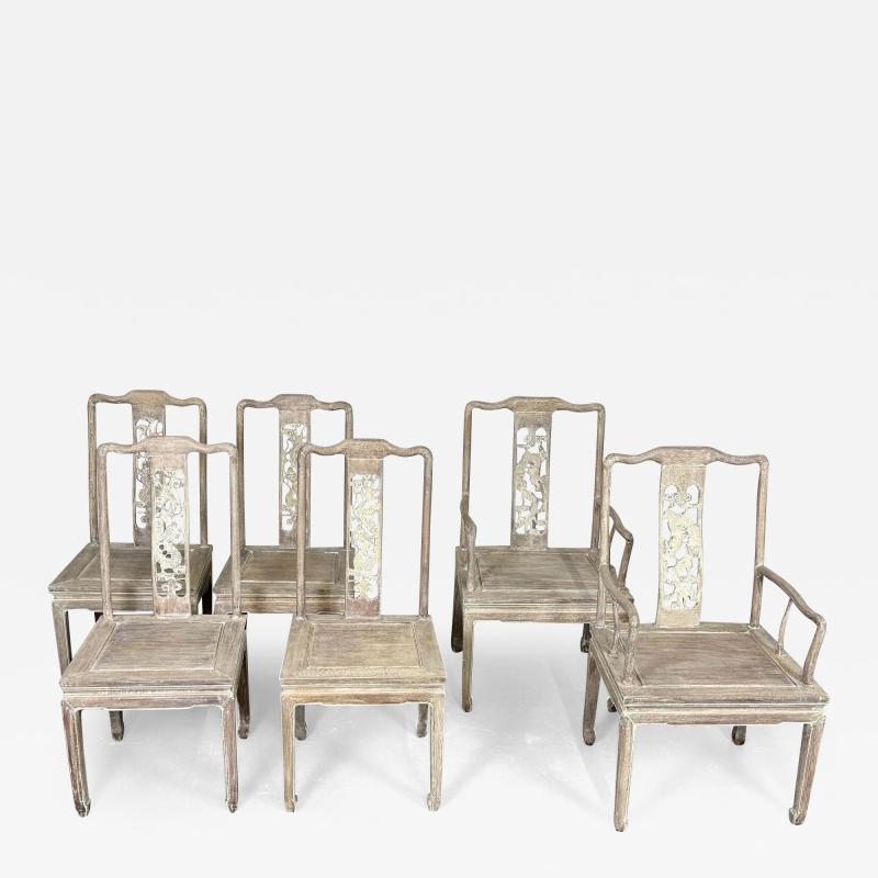 Set Six Chinese Chippendale Whitewashed Dining Chairs Carved Dragons Rosewood