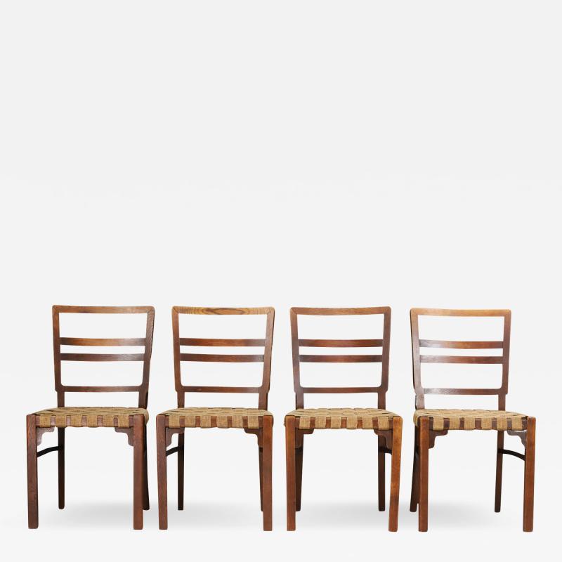 Set four French 1940s oak and canvas chairs