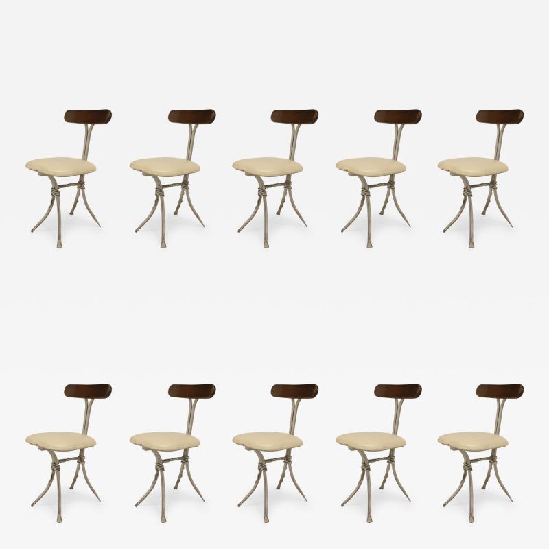 Set of 10 French Mid Century Modern Wrought Iron Silver Painted Cafe Chairs