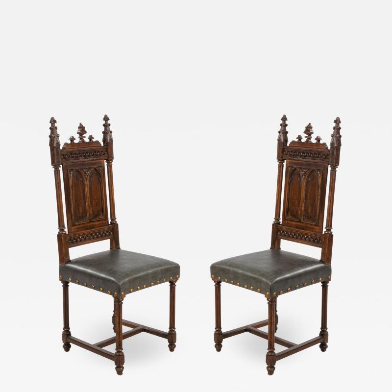 Set of 11 English Gothic Revival Leather Side Chairs