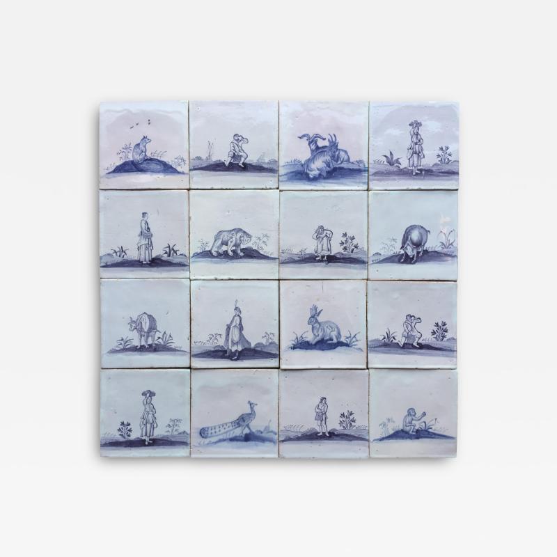 Set of 16 Blue and White Delft Tiles with Animals and Figures 18th Century