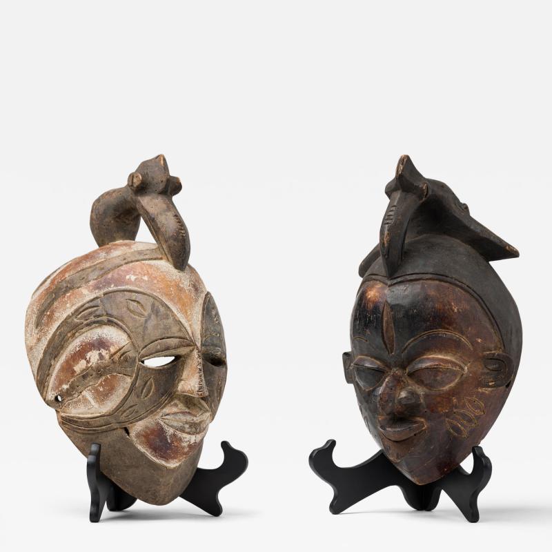 Set of 2 African Cameroon 20th Century Carved Wooden Bamileke Mask with Hornbill
