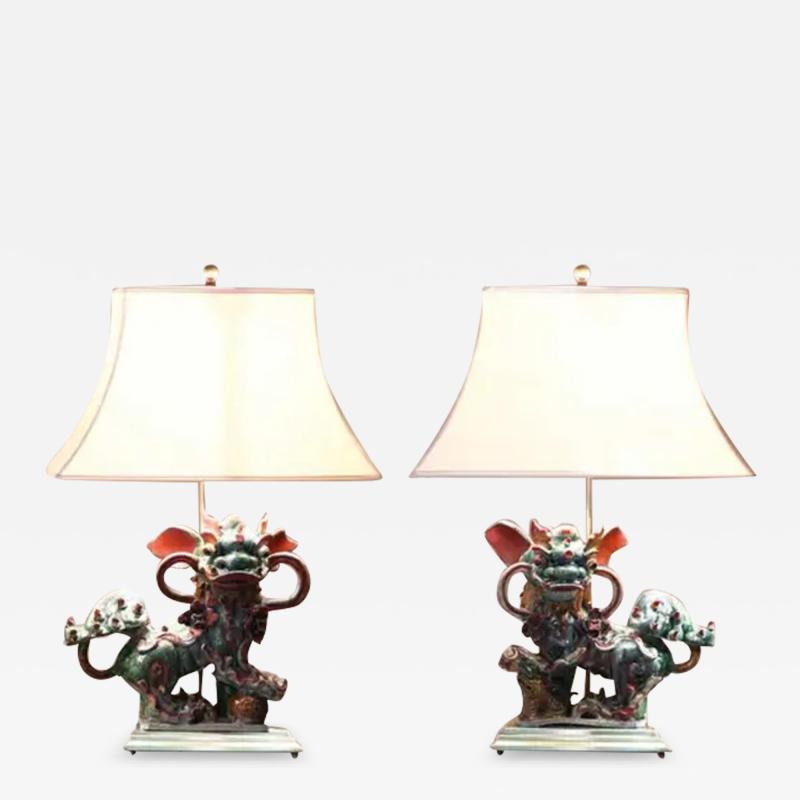 Set of 2 Chinese Glazed Stoneware Buddhist Lions Lamp on brass base