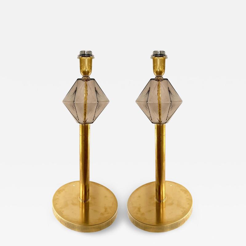 Set of 2 Contemporary Italian Fum Murano Glass Table Lamps W Unlaquered Brass