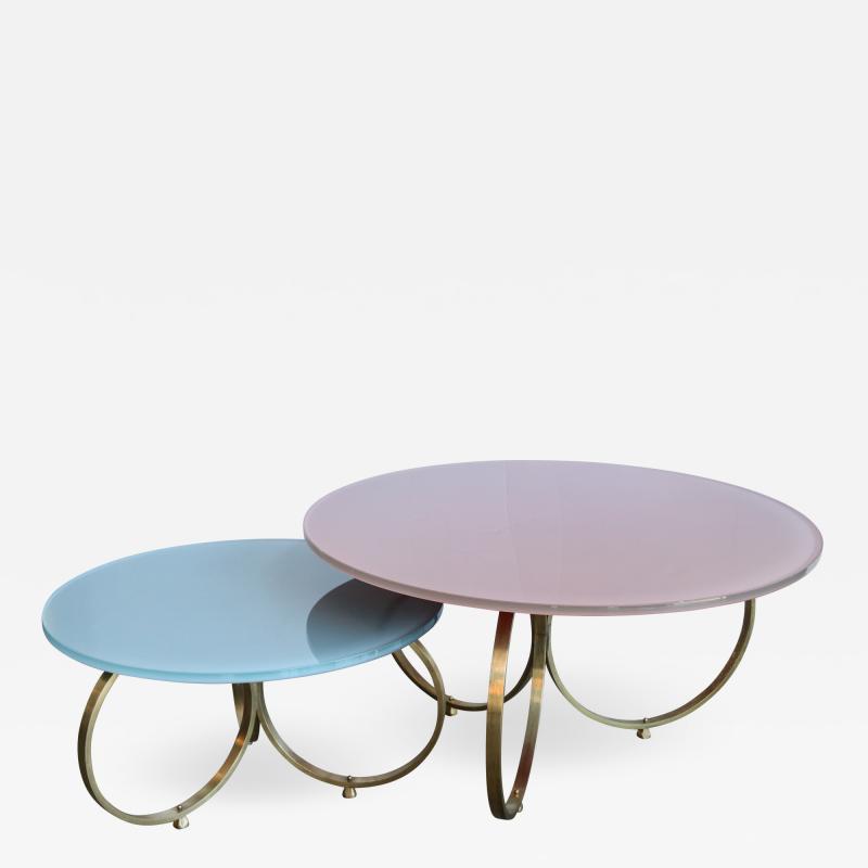 Set of 2 Custom Brass Coffee Tables with Reverse Painted Glass Top