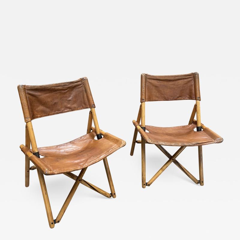 Set of 2 Italian Vintage Leather and Wood Side Chairs 1965