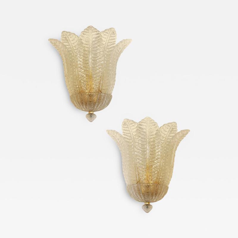 Set of 2 Venetian Transparent Graniglia Leaf Murano Glass Wall Sconces