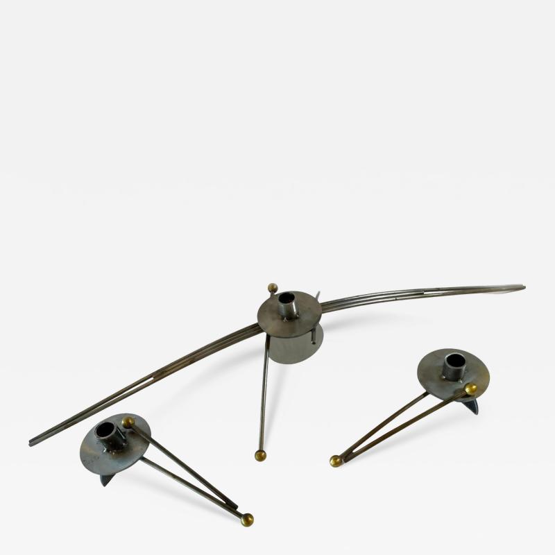 Set of 3 American Modern Steel and Brass Candlesticks Girardini Design