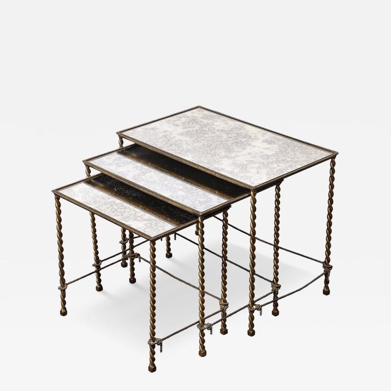 Set of 3 Art Deco Gilt Bronze Rope Form Nesting Tables W Antiqued Mirror Glass