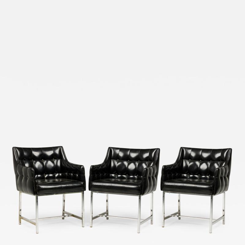 Set of 3 Carson American Button Tufted Black Vinyl and Chrome Armchairs
