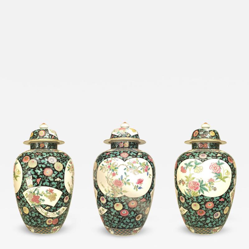 Set of 3 Chinese Style Black and White Porcelain Temple Jars