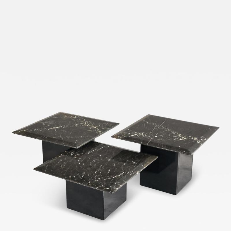 Set of 3 Coffee or Nesting Tables in Black Marble and Black Lacquer 1970s