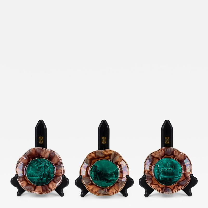 Set of 3 French Romantic Ceramic Majolica Hors doeuvre Dishes with Emerald Genr