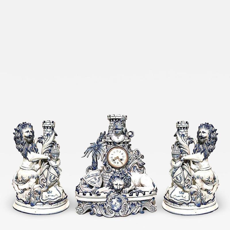 Set of 3 French Victorian Porcelain Lion Clock Set