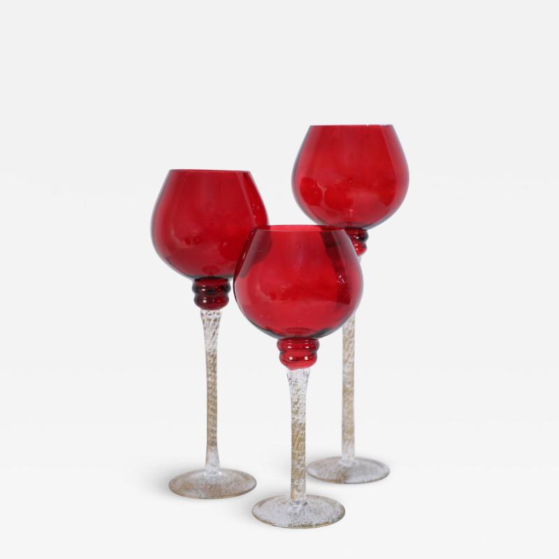 Set of 3 Italian Venetian Red and Gold Glass Goblets