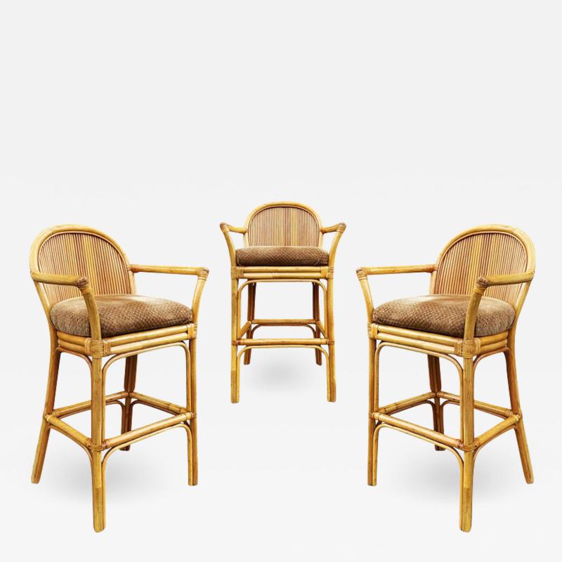 Set of 3 Matching Mid Century Modern Rattan or Bamboo Bar Stools