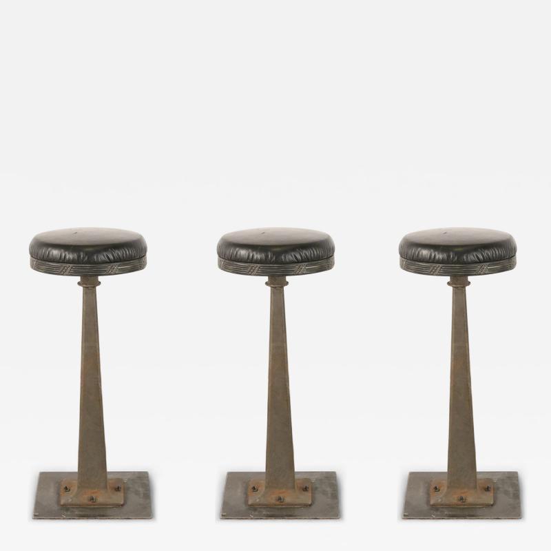 Set of 3 Mid Century American Black Vinyl and Cast Metal Bar Stools