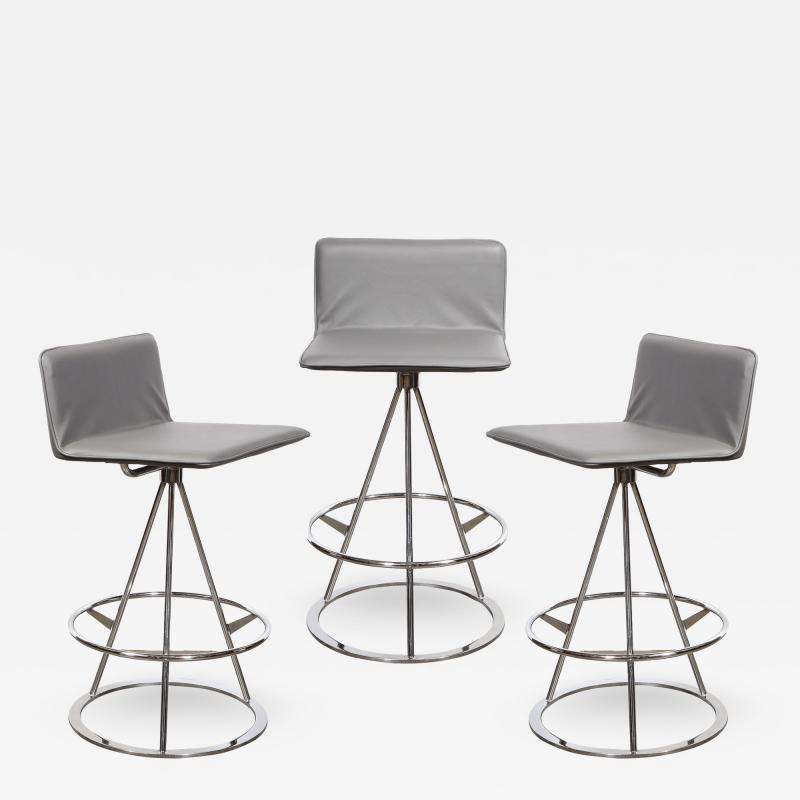 Set of 3 Mid Century Modern Chrome and Gray Leather Geometric Swivel Bar Stools