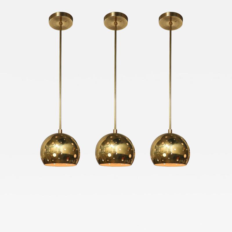 Set of 3 Mid Century Rounded Brass Pendant Chandeliers W Circular Cutout Detail