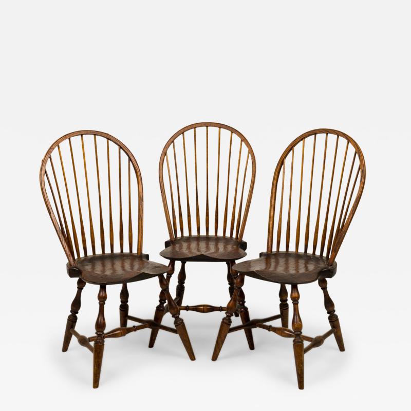 Set of 3 Rustic Windsor Back Carved Oak Side Chairs