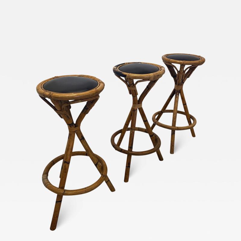 Set of 3 Vintage Italian Bamboo Bar Stool 1960