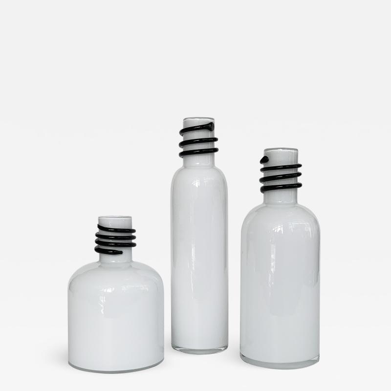 Set of 3 White Cased Glass Vases Bottles by Tarnowiec