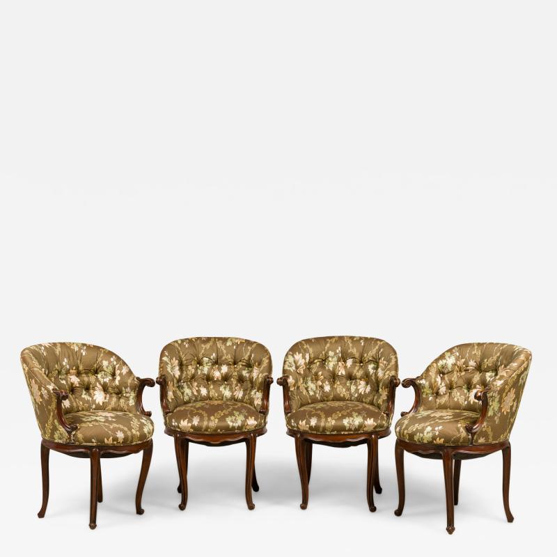 Set of 4 American Victorian Tufted Green Floral Pattern ArmChairs