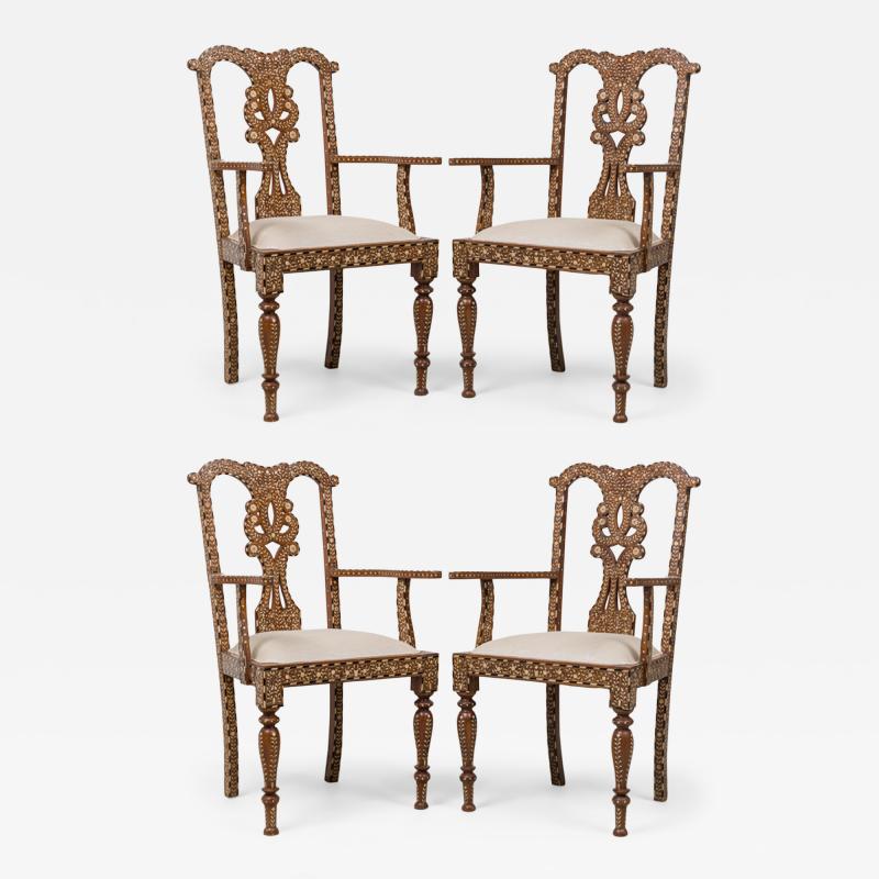 Set of 4 Anglo Indian Carved Hardwood and Inlaid Armchairs