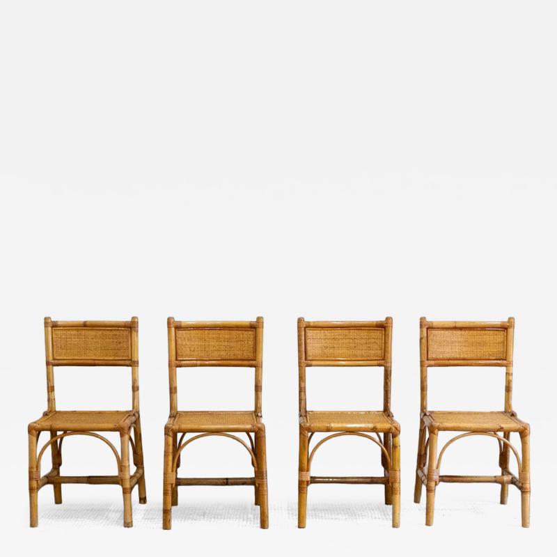 Set of 4 Bamboo and Rush Fabric Chairs Italy 1970s