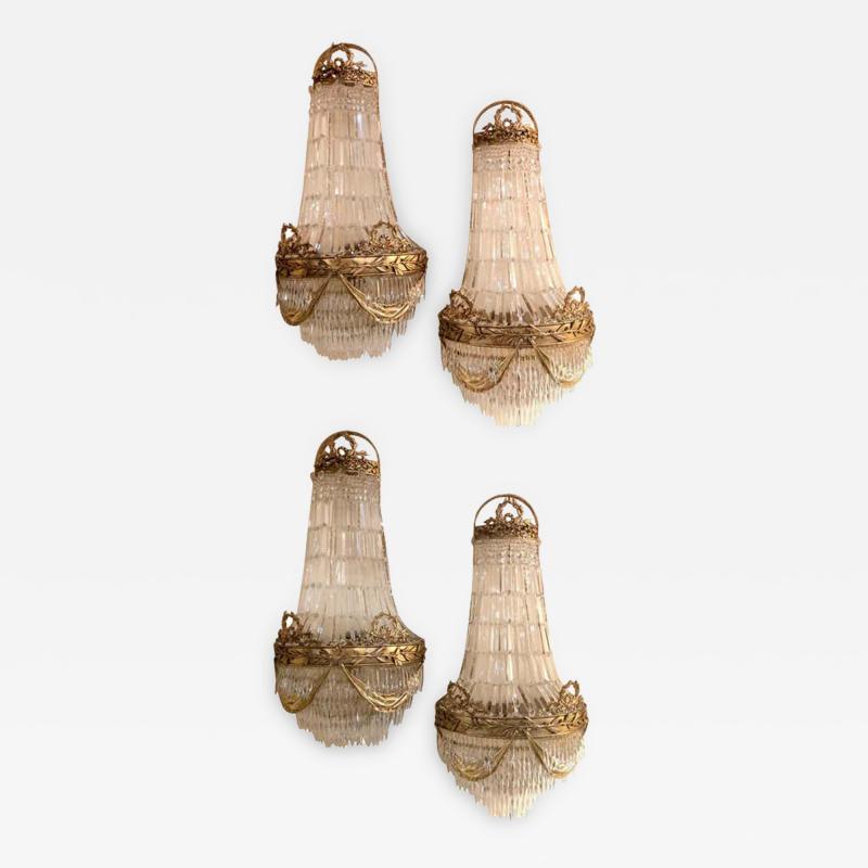 Set of 4 Basket Form Louis XVI Style Gilt Bronze and Crystal Wall Sconces