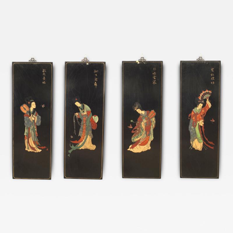 Set of 4 Chinese Black Lacquer Geisha Screen Panels