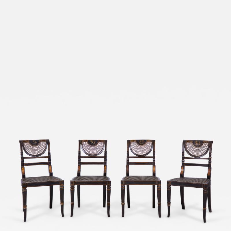 Set of 4 English Regency Style Black and Gold Painted Cane Seat Side Chairs