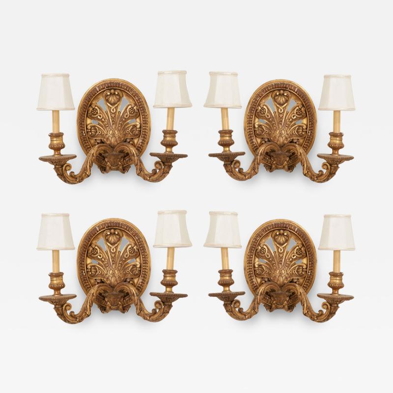 Set of 4 French 19th Century Carved Gilt Sconces