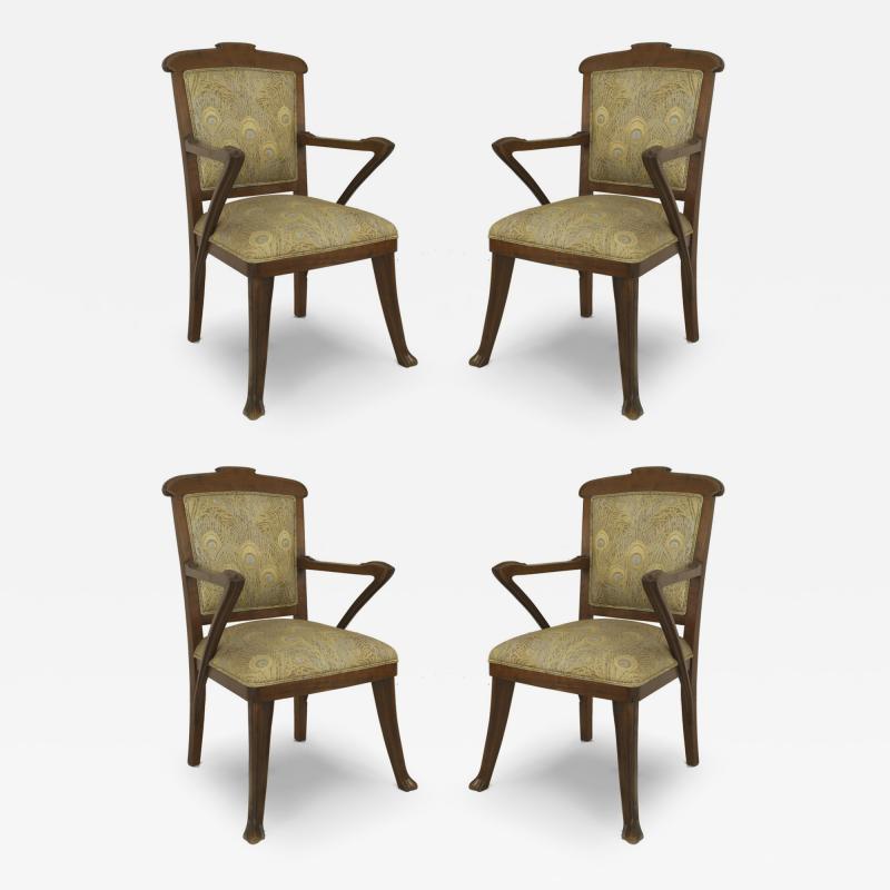 Set of 4 French Art Nouveau Walnut and Upholstery Armchairs