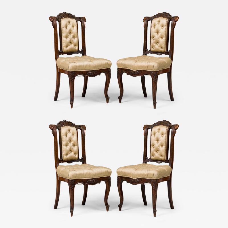 Set of 4 French Carved Mahogany and Beige Tufted Upholstered Side Chairs