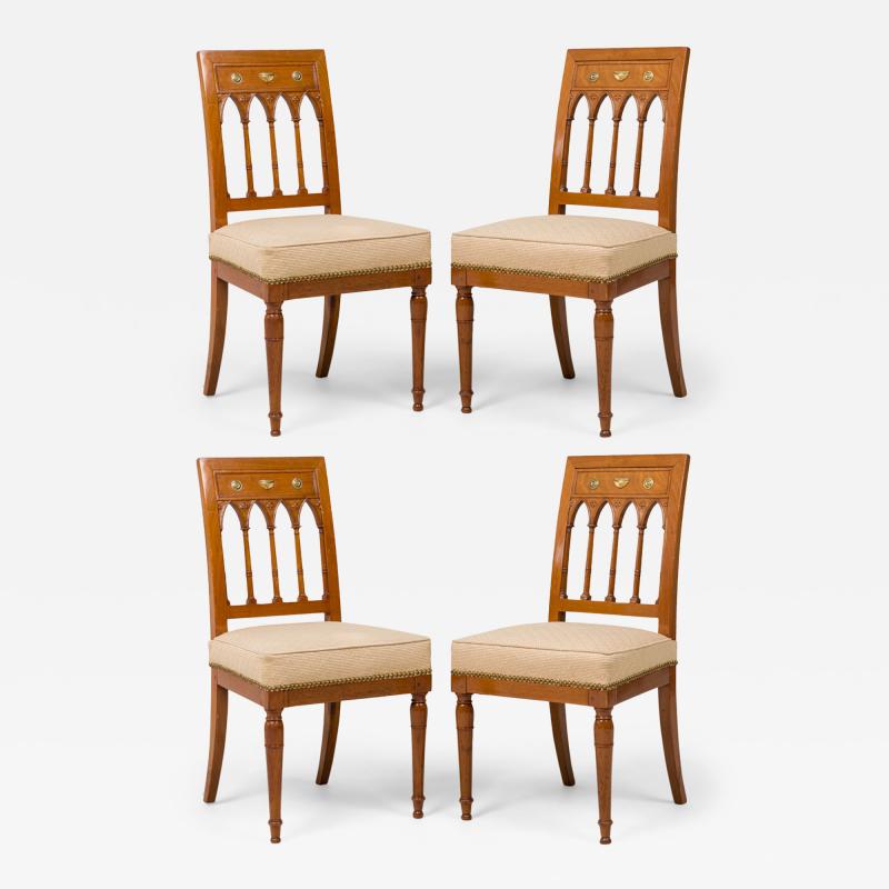 Set of 4 French Charles X Beige Upholstered Spindle Back Dining Side Chairs