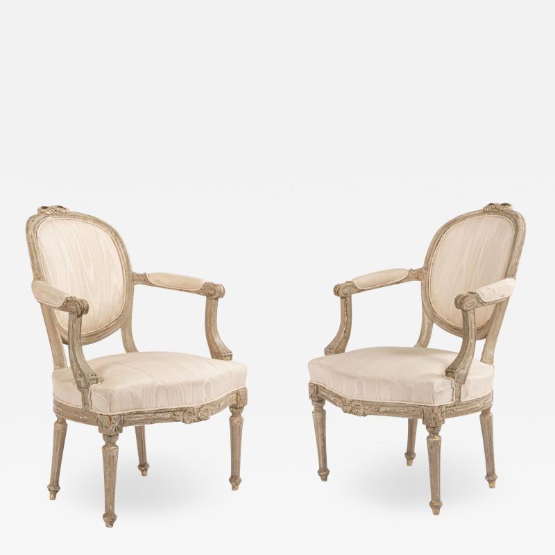 Set of 4 French Louis XVI Moire Arm Chairs