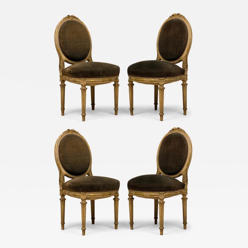 Set of 4 French Louis XVI Style Oval Back Carved Wood Green Velvet Upholstered D