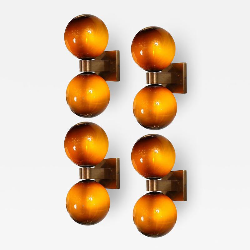 Set of 4 Hand Blown Murano Smoked Tortoise Glass Double Sphere Bronze Sconces
