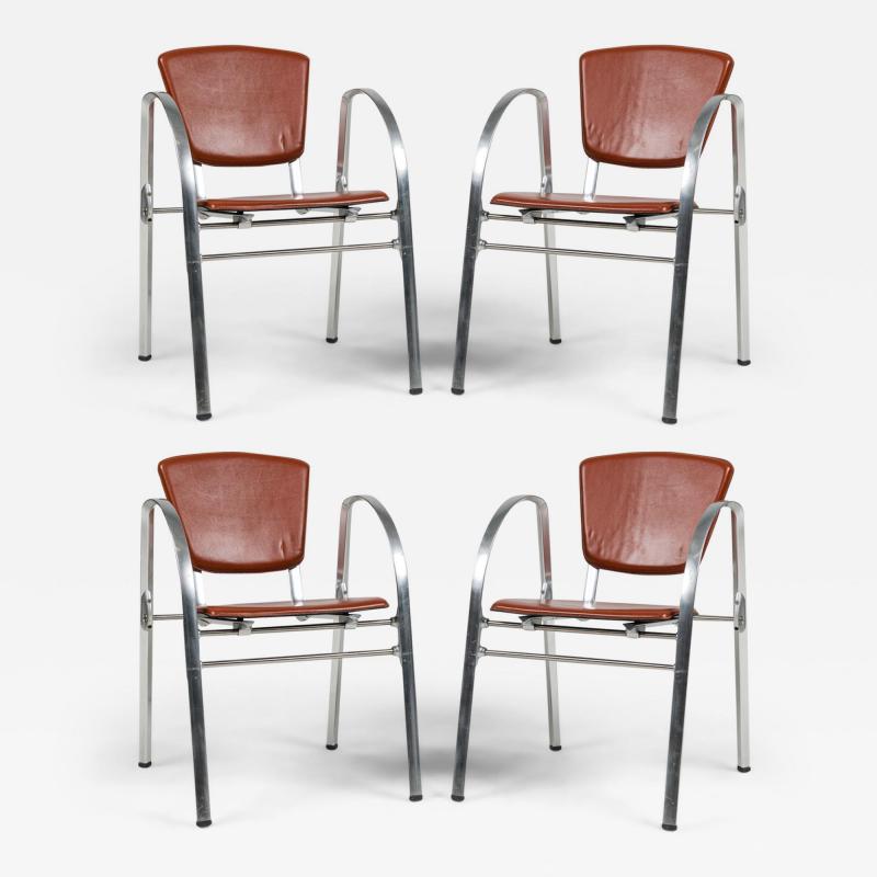 Set of 4 Indecasa Spanish Mid Century Rust Leather and Chrome Arm Chairs